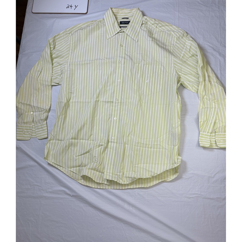 Mens Nautica long sleeve dress‎ shirt, green/white stripes Size Extra Large